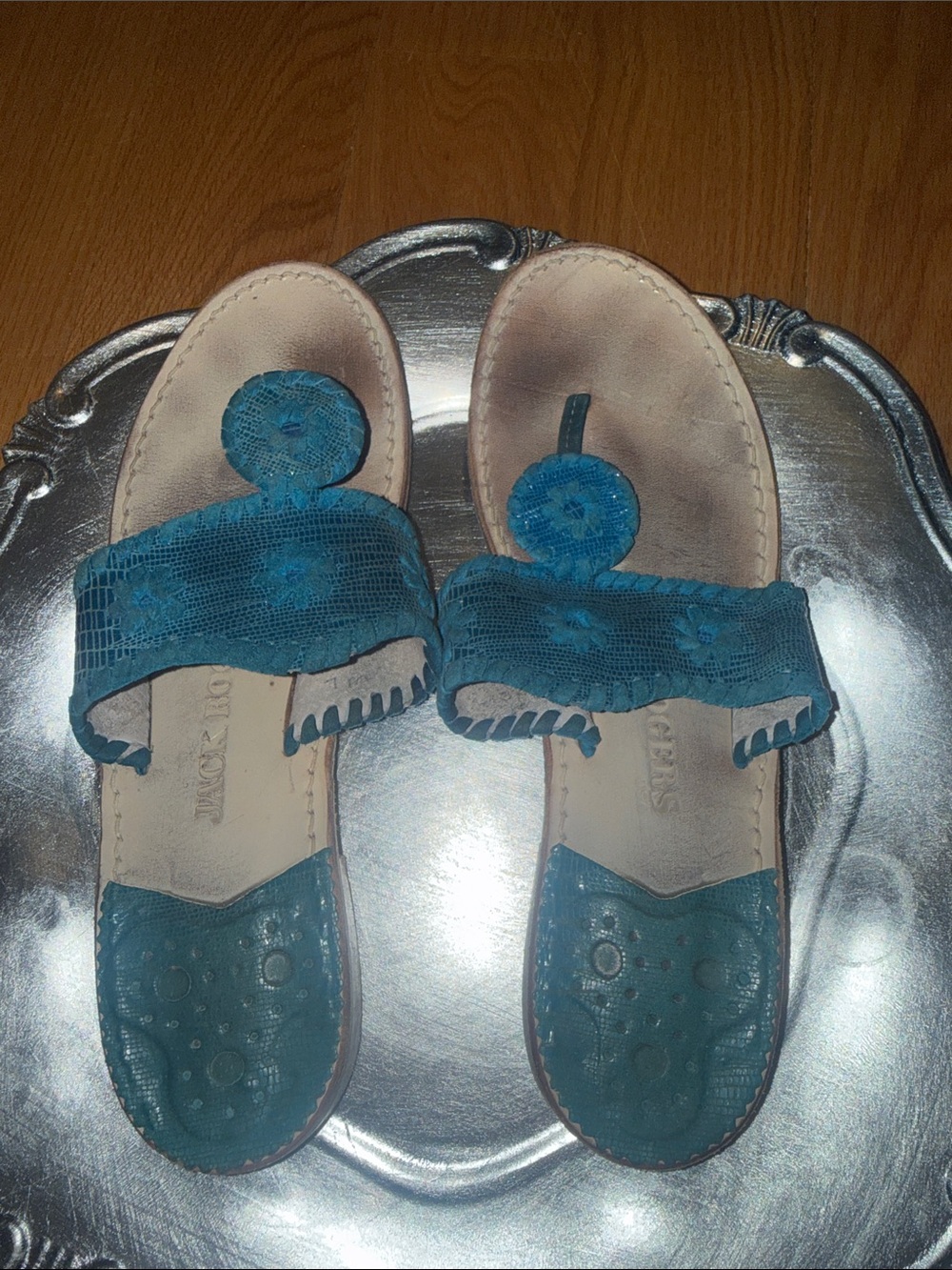 Jack Rogers Teal Leather Toe-Post Sandals - Picture 3 of 5
